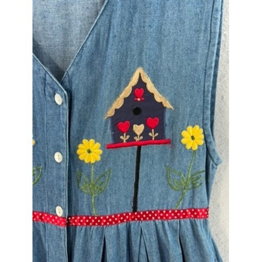 VTG Denim Jumper Dress Blue Embroidered Birdhouse Button Front Mid - Picture 4 of 10